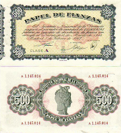 El papel de FianzasEjemplar de 500 pesetas