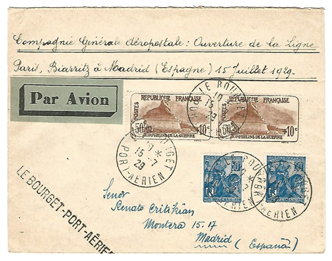 El Establecimiento del Correo Aéreo. Carta de Paris a Madrid
