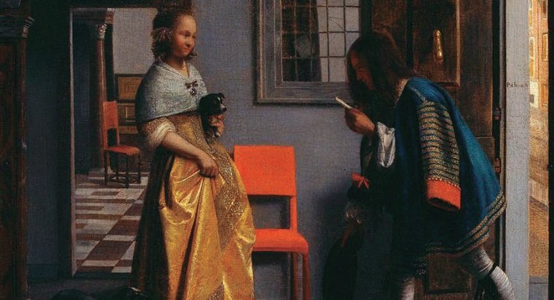 Criados y vasallos. Un criado entrega una carta a una dama