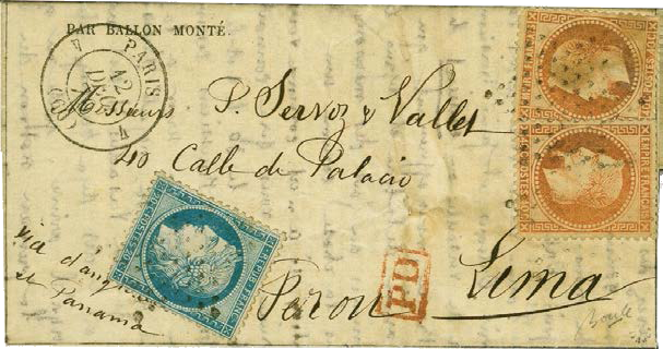 Guerra Franco Prusiana. Carta transportada por el Ville de Paris