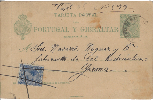 TFranqueo insuficiente. arjeta entero postal de la emisión específica para Portugal y Gibraltar