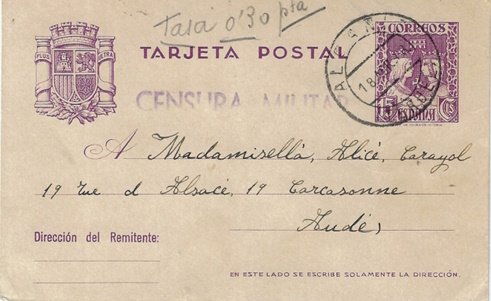 Franqueo insuficiente. Álcañíz (Teruel) a Carcassone