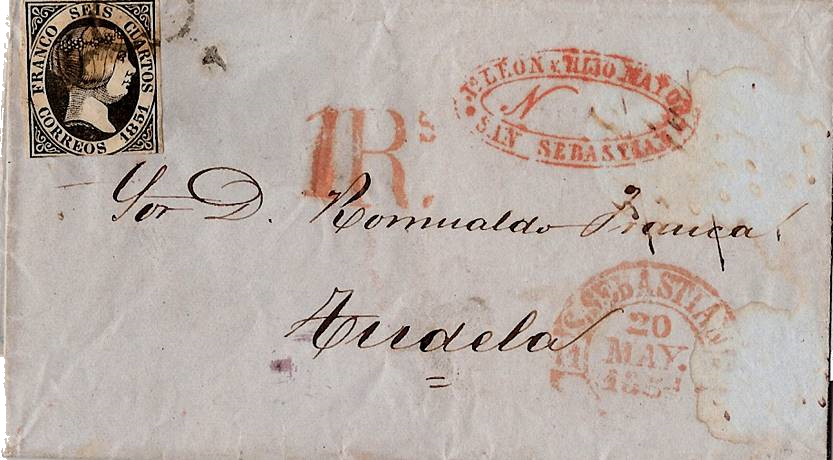 Siglo XIX. Carta circulada de San Sebastián a Tudela