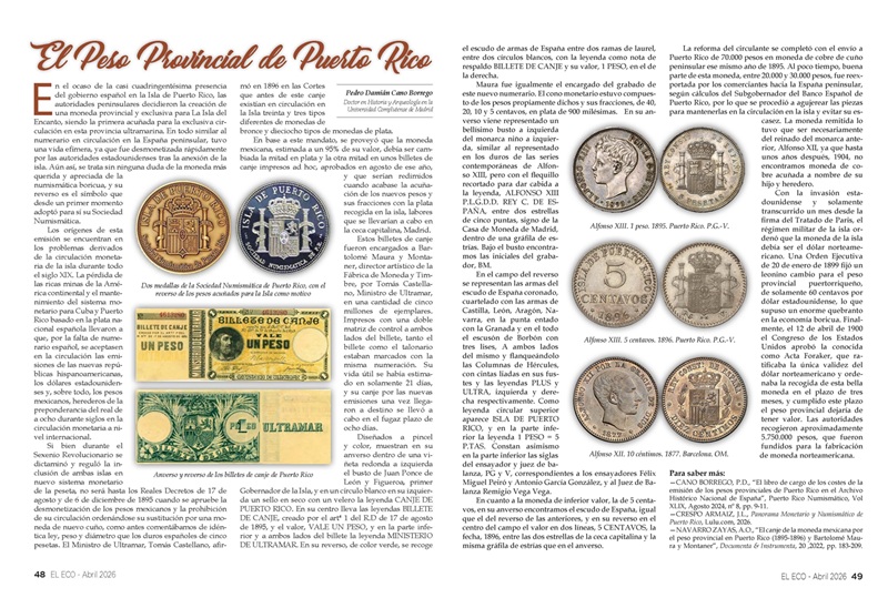 El Eco Filatélico. Artículo de Numismática