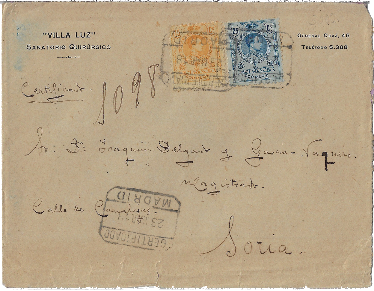 Carta circulada por correo certificado de Madrid a Soria