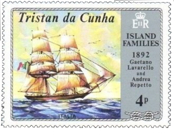 «Italia» y con la inscripción G. Lavarello, 1892 y A. Repetto Tristan da Cunha. Barcos y familias isleñas