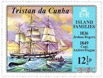 Ballenero estadounidense con la inscripción «1836 J. Rogers, 1849, Capt. A.». Tristan da Cunha. Barcos y familias isleñas