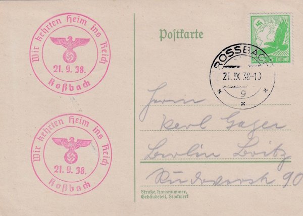 Checoslovaquia. Tarjeta postal y marcas de propaganda alemana